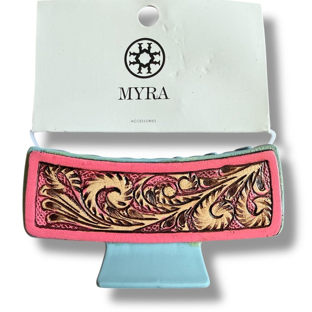 Myra Hair Comb Clip Hand-tooled Leather Gray Blue and Pink "Crimson Sands" - New